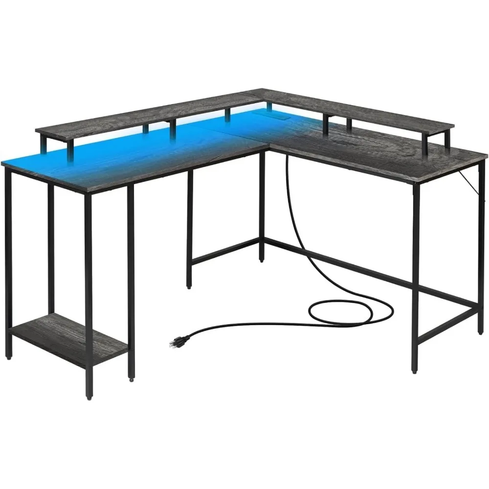 LED Lights and Power Outlet, Reversible Corner Office Desk with Monitor Stand, L Shaped Gaming Desk