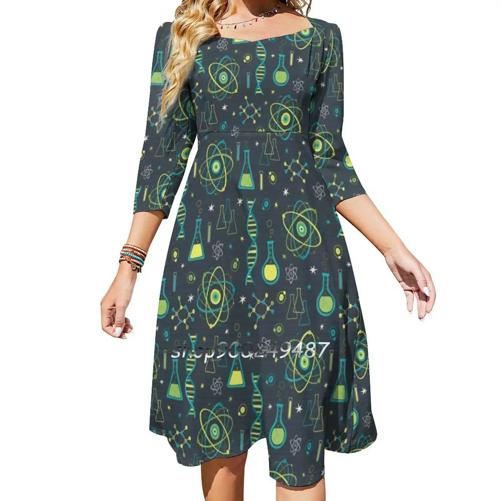 Midcentury Modern Science Square Neck Dress New Plus Size Elegant Women Waist Tight Dress Science Nerd Geek Midcentury Modern