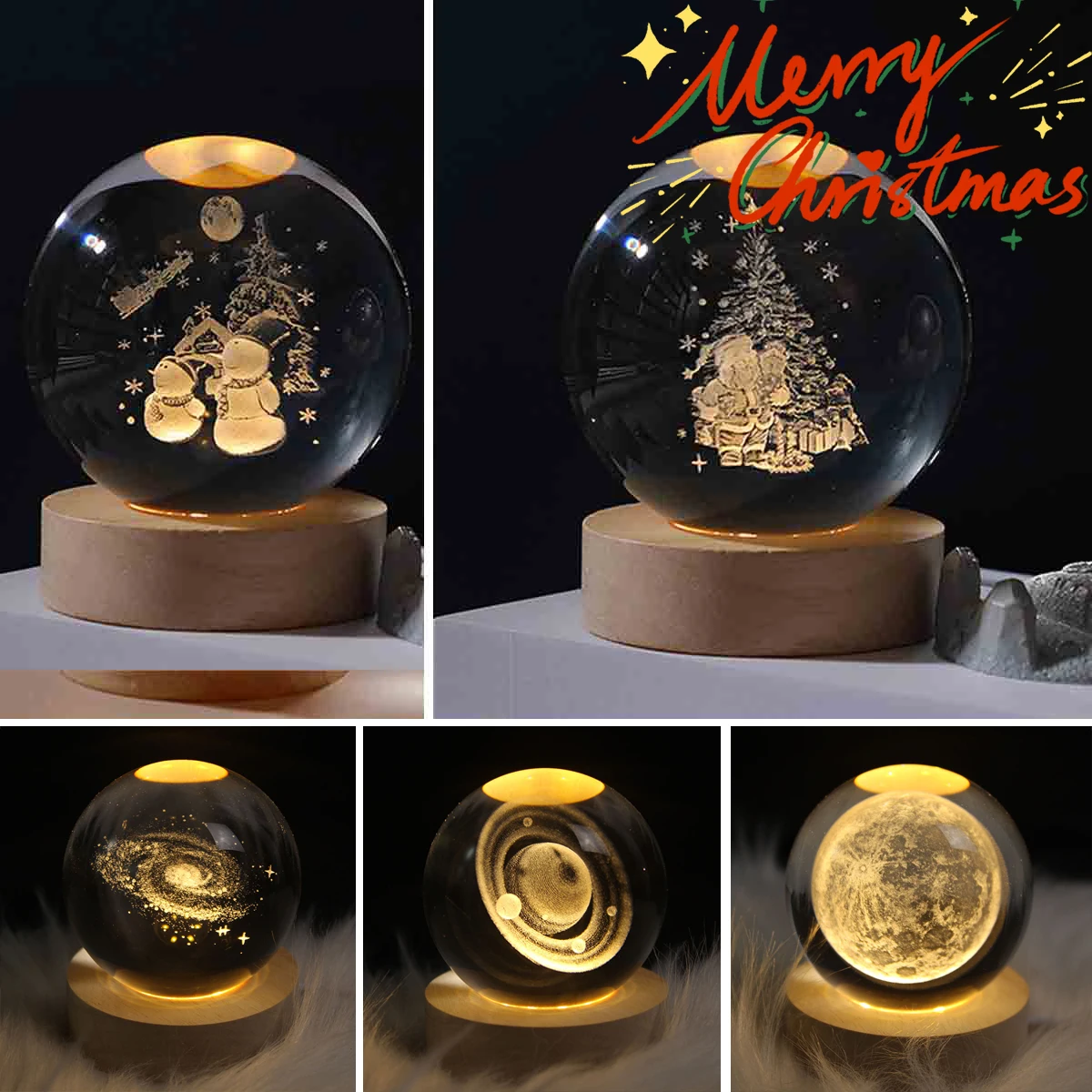 3D Galaxy Crystal Ball Night Lamp LED Light Base Christmas/Snowman/Galaxy Planet Model Decoration for Bedroom Birthday Xmas Gift