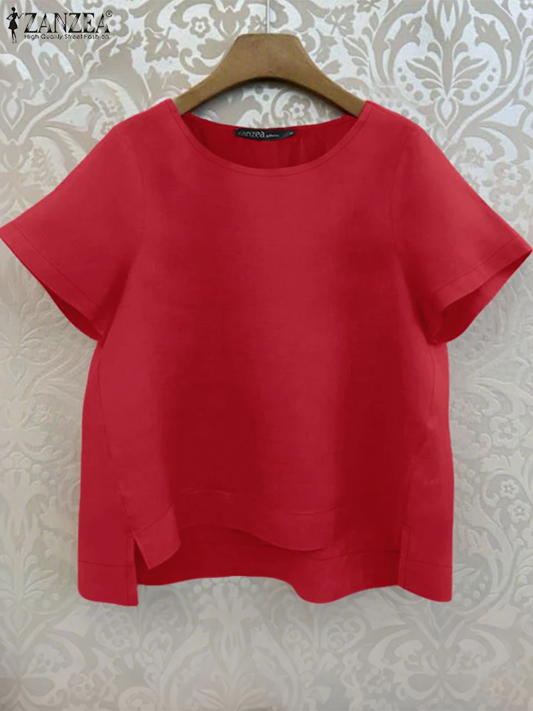 

ZANZEA High-Low Cotton Blouses Casual Short Sleeve Day Wear O-Neck T-Shirts Woman Solid Color 2025 Summer Vacation Blusas Mujer