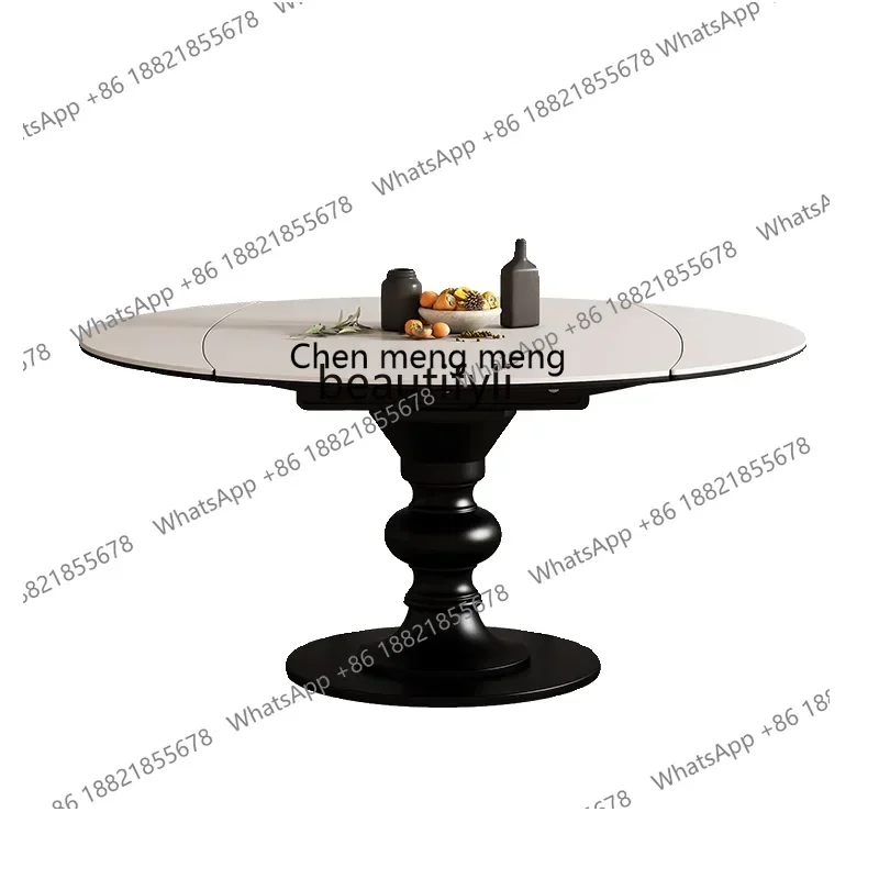 xx1Medieval retractable round dining table retro high-end small apartment French style, stretched solid wood rock slab dining ta