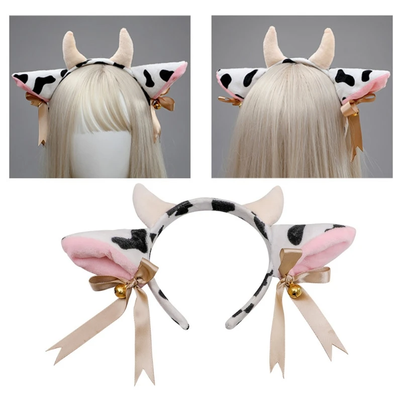 Cartoon Plush Cow Ears Horn Headband with Small Bells Ribbon Bow Anime Lolita Hair Hoop Kawaii Animal Party Cosplay Costume Girl