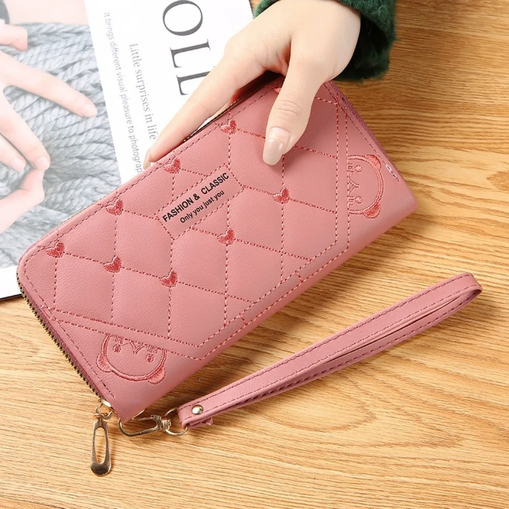 

Fashion PU Leather Long Wallet Large Capacity Embroidery Coin Purse Zipper Card Holder Women