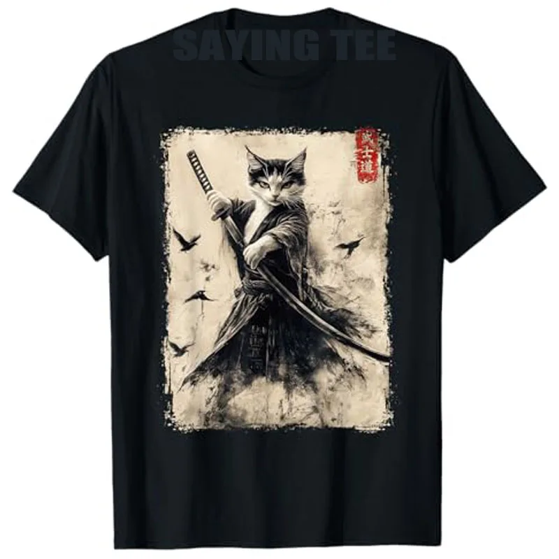 Black Cat Graphic Tee Warrior Vintage Japanese Art Anime T-Shirt Cute Funny Kawaii Style Kitty Lover Short Sleeve Graphic Outfit