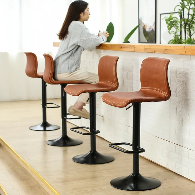 High Quality Comfortable Bar Stool Leather Simple Back Adjustable Design Nordic Chair White Swivel Taburete Alto Furniture