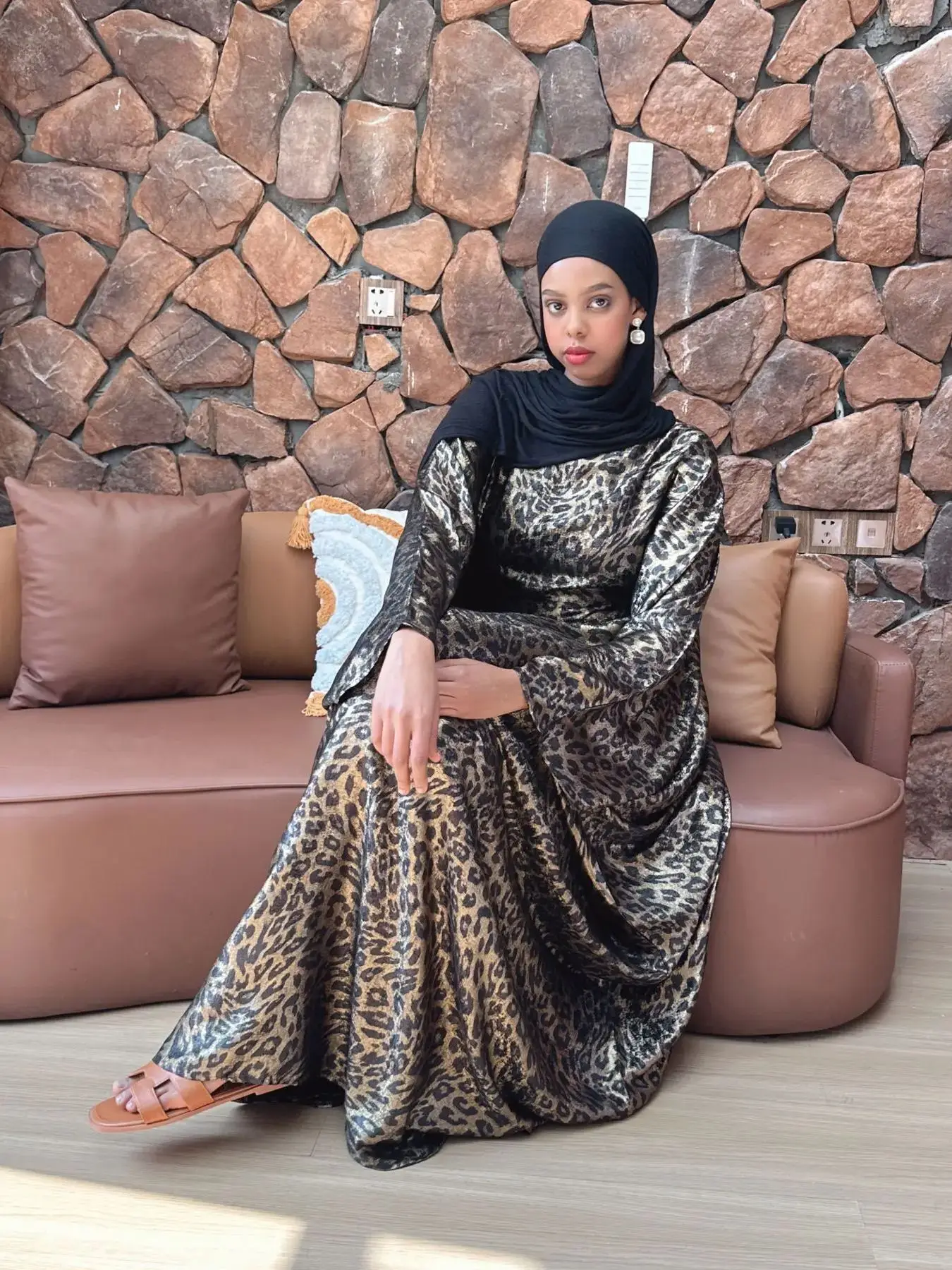 

Leopard Print Batwing Sleeve Satin Butterfly Abaya Islam Muslim Maxi Dress Kebaya Women Kaftan Robe Musulmane Femme Vestidos