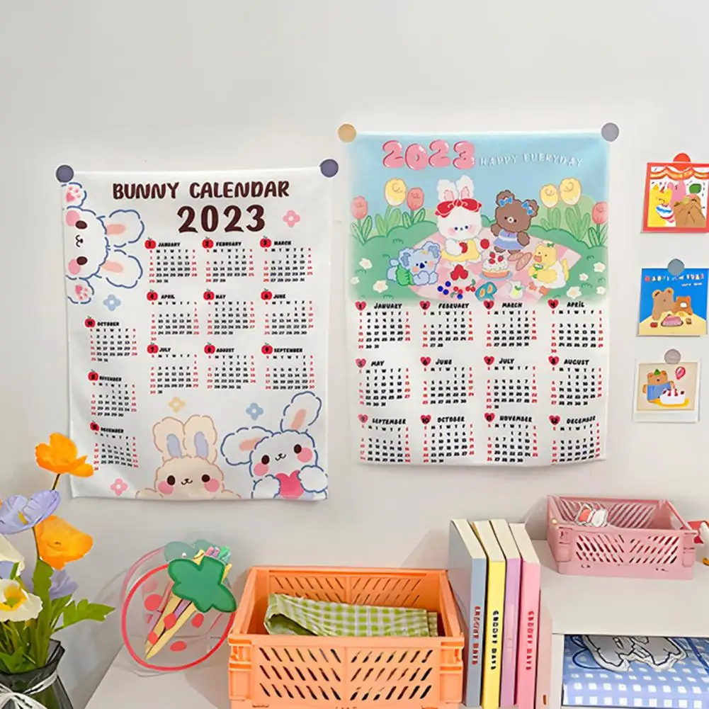Coelho ano pendurado calendário pano, calendário de parede macia, decoração bonita, 2023