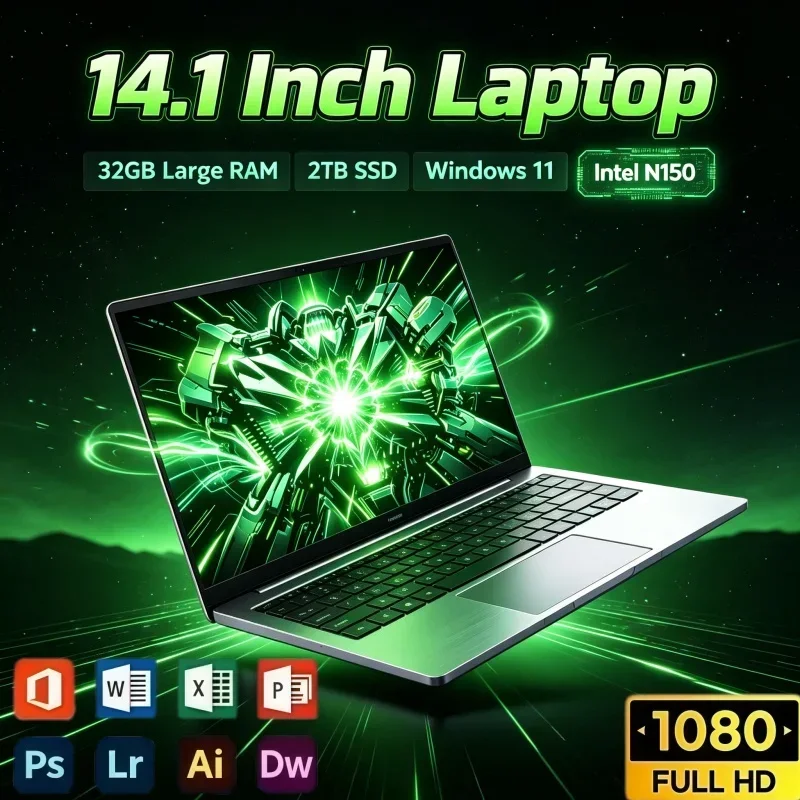 14.1 Inch Intel N150 Notebook Windows 11 32GB RAM 2TB SSD Portable Laptop For Business Study Office Casual Gaming
