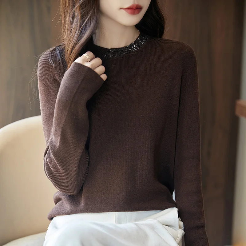 New Round Neck Spun Wool Sweater For Women, Long Sleeved Loose And Versatile Pullover, Fashionable  Versatile Knit Base Sweater