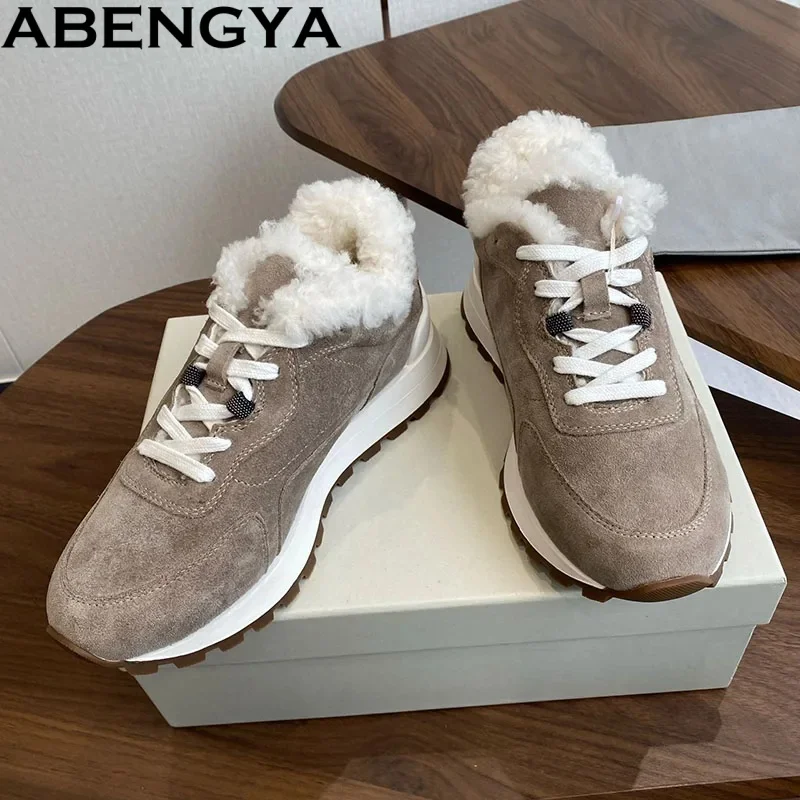 

Winter Shoes Wool Suede Leather Lace Up Flat Casual Shoes For Women Round Toe Bead Walk Fur Shoes Ladies