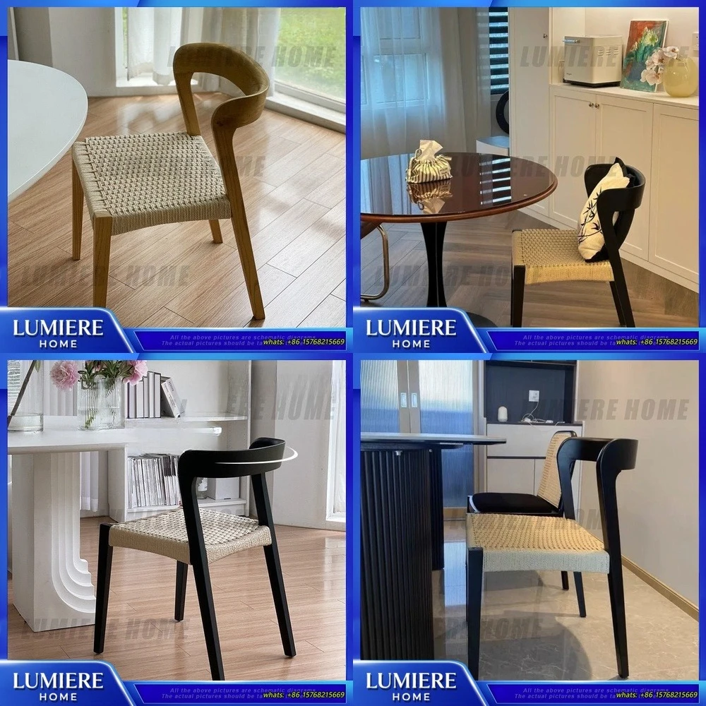 

Scandinavian Style Solid Wood Dining Chair with Backrest Woven Rope Coffee Shop Home Living Room Chair Comfortable Bar Stool