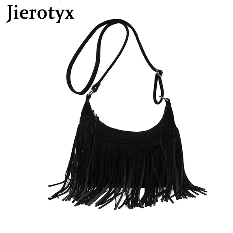 JIEROTYX Decor Fringe Trim Crossbody Purse Bag for Women Vintage Tassel Faux Suede Handbag Messenger Shoulder Bags