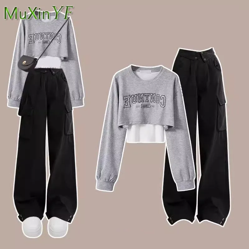 Women\'s New Tracksuit Matching Set 2024 Spring Autumn New Korean Loose Short Hoodie Top+Vest+Cargo Pants Three Piece Suit