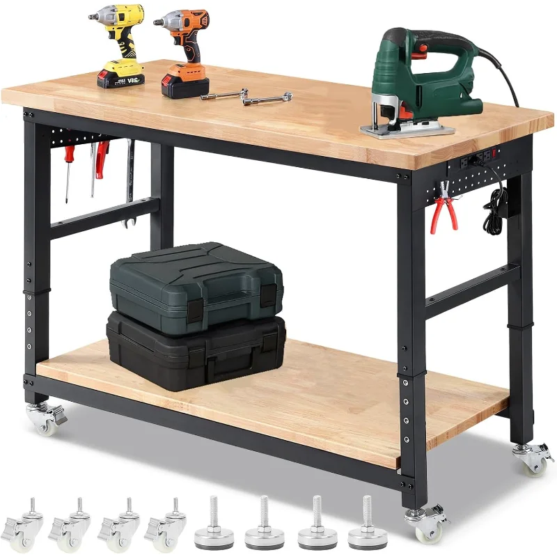 

Workbench for Garage with Wheels 60 x 22 Inch Heavy Duty Rubberwood Tabletop Work Table with Under Table Shelf, Pegboard