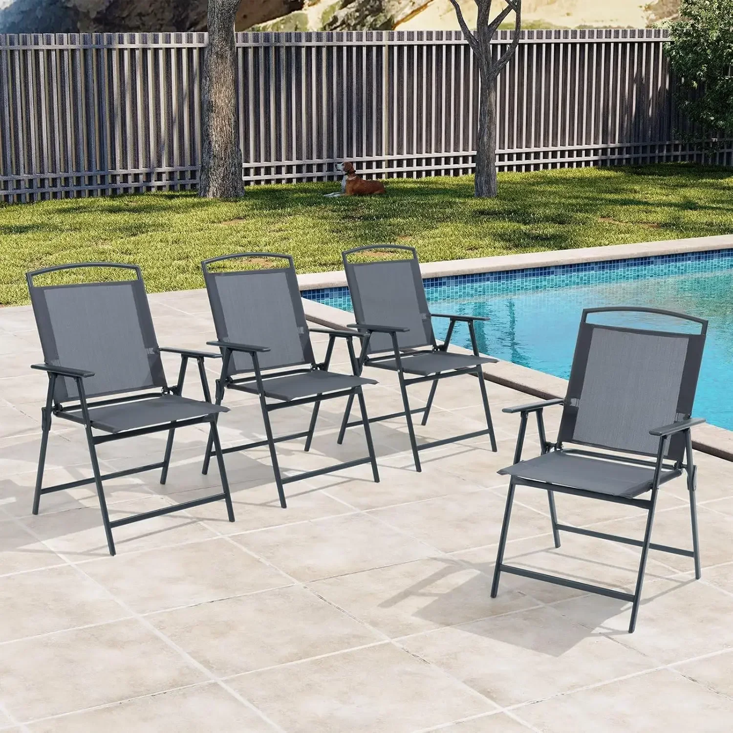 

Set of 4 Patio Folding Chairs 4-Pack Dining Chairs Outdoor Portable Sling with Armrest for Camping, Beach, Garden, Pool,Backyard