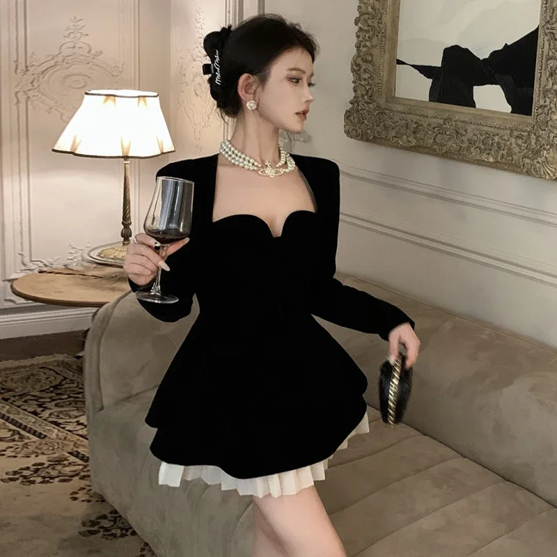 Korejepo French Retro Hepburn Dress Temperament Elegant Slimming A Line Banquet Dresses Velvet Beautiful Romantic Vestido