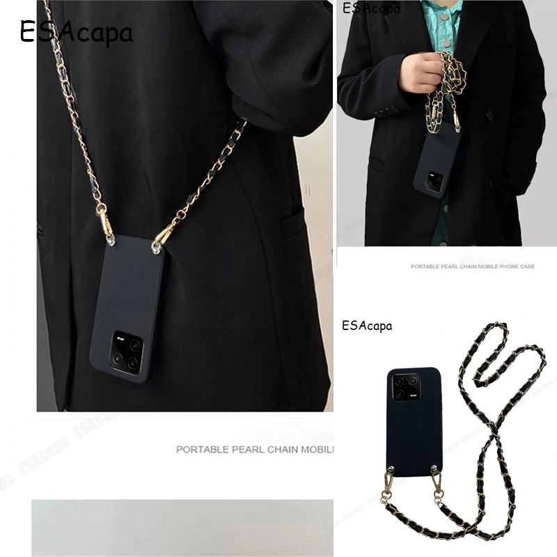 Metal Chain Crossbody leather Lanyard Phone Case For Xiaomi 13T Pro Solid Color Soft Silicone Shockproof Cover For Xiaomi13T