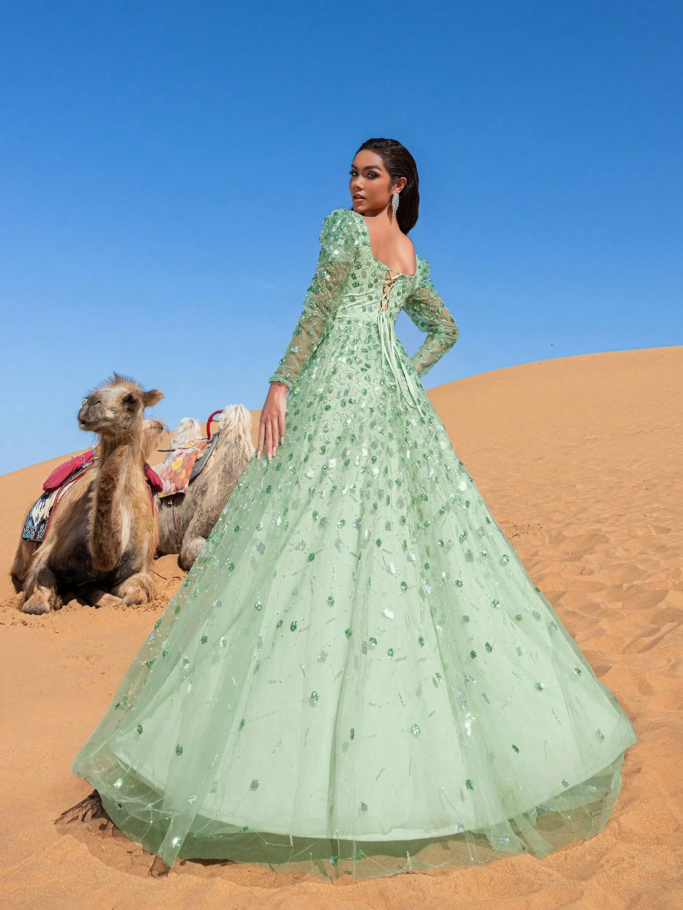 Haute Glamour ชุดราตรีประดับด้วยลูกปัดเลื่อมสุดสวยพร้อมแขนยาวและเสื้อท่อนบนพอดีตัว - ซ้อนทับเชียร์หรูหราและแสงพราว E