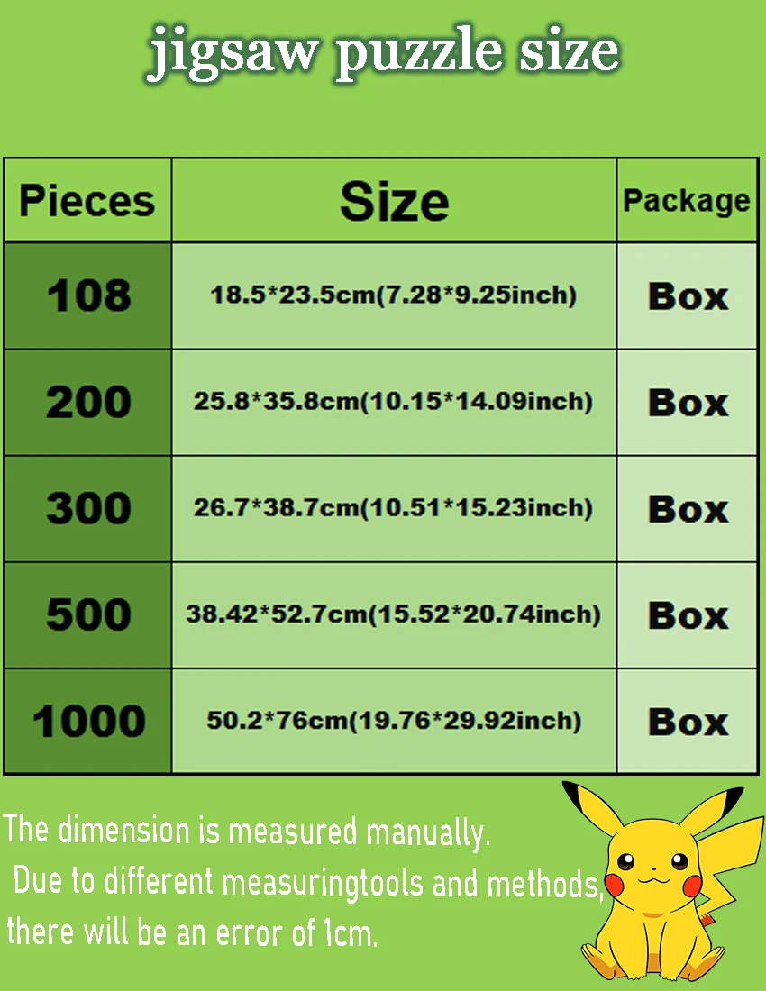 Pokémon Pikachu 108/200/300/500/1000 pezzi gioco puzzle pavimento in legno, regalo portatile di alta qualità per feste, divertente