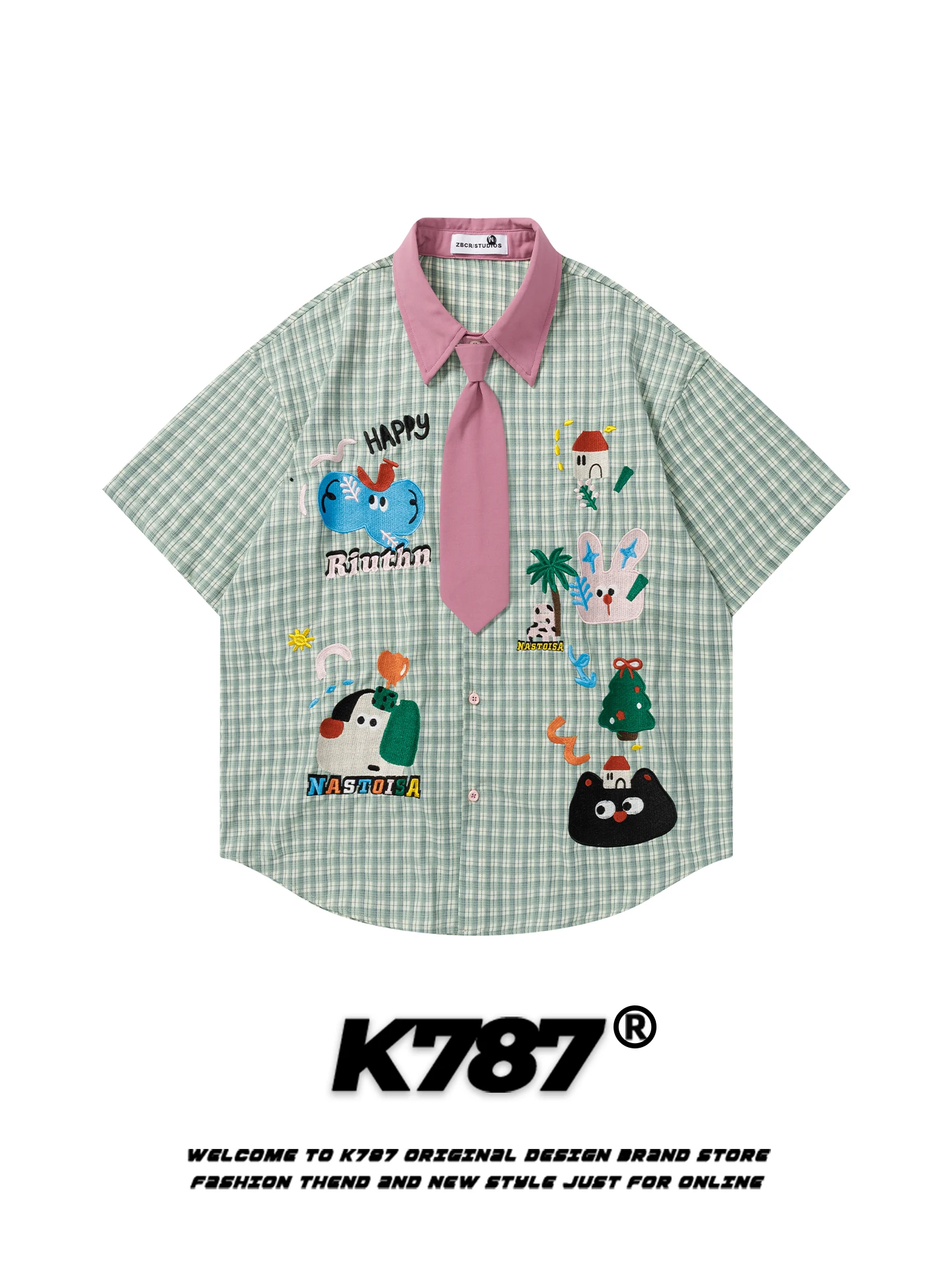 

Мужская повседневная рубашка K787 в американском ретро-стиле с вышивкой собаки, коротким рукавом, мультяшным принтом, клетчатым галстуком, верхняя одежда из полиэфирного волокна