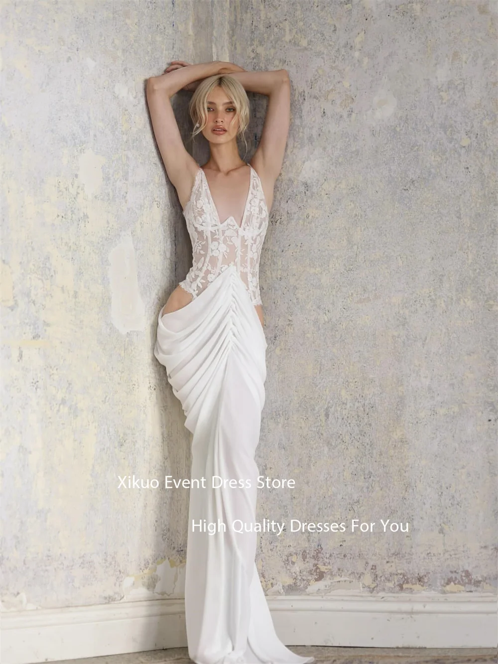 Xikuo يزين الخامس الرقبة فستان الزفاف Ruched الخصر طول الأرض فستان زفاف الوهم قطع حورية البحر Vestidos De Novia مخصص