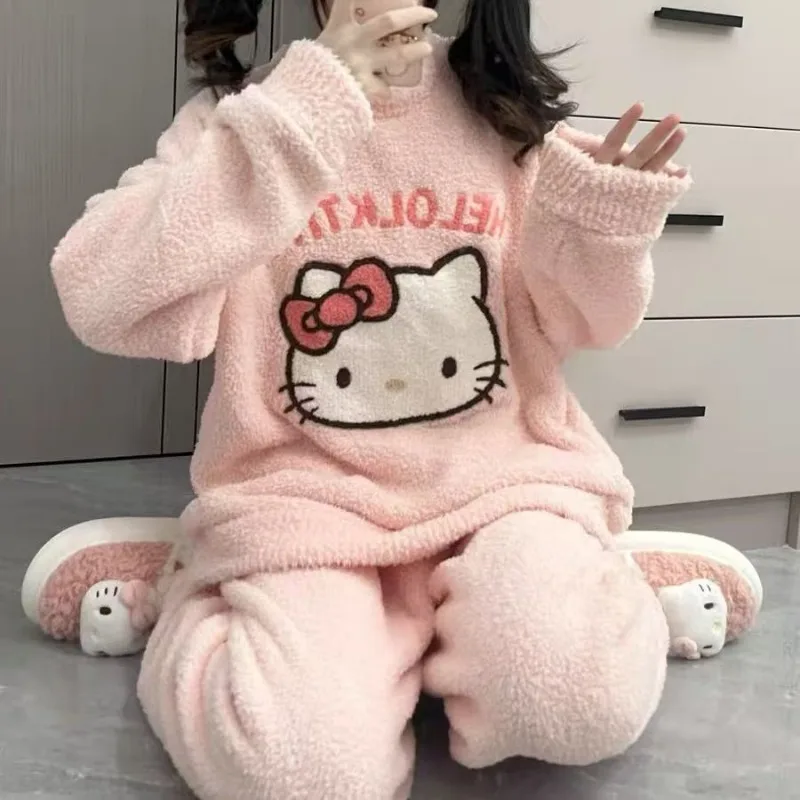 

New Sanrio Hello Kitty Cartoon Pajama Set Kawaii Autumn Winter Indoor Thicken Warm Soft Comfortable Home Clothes Girl Pajama Set