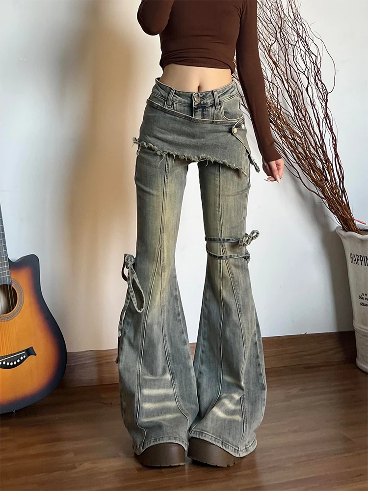 

American High Street Vintage Design Belted Denim Jeans Women's Y2K Millennium Style Slimming Micro Flared Long Trousers