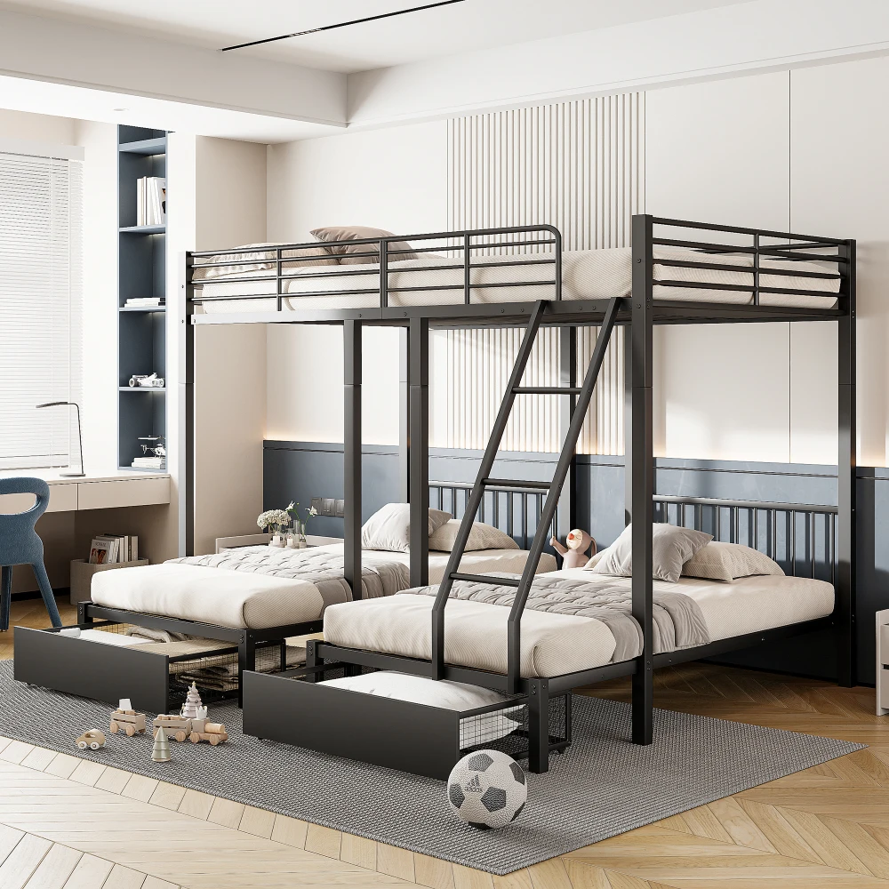 Multifunktionales Metall-Dreifach-Etagenbettgestell mit Aufbewahrungsschubladen, wandelbares Schlafmöbel, teilbar in ein 140x200 Doppelbett und zwei 90x200 Einzelbetten, robuste