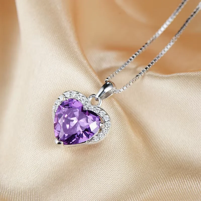 925 Sterling Silver Necklace Big 6ct Heart of the ocean Purple gemstone Wedding Pendant Necklace for Women Jewelry gift