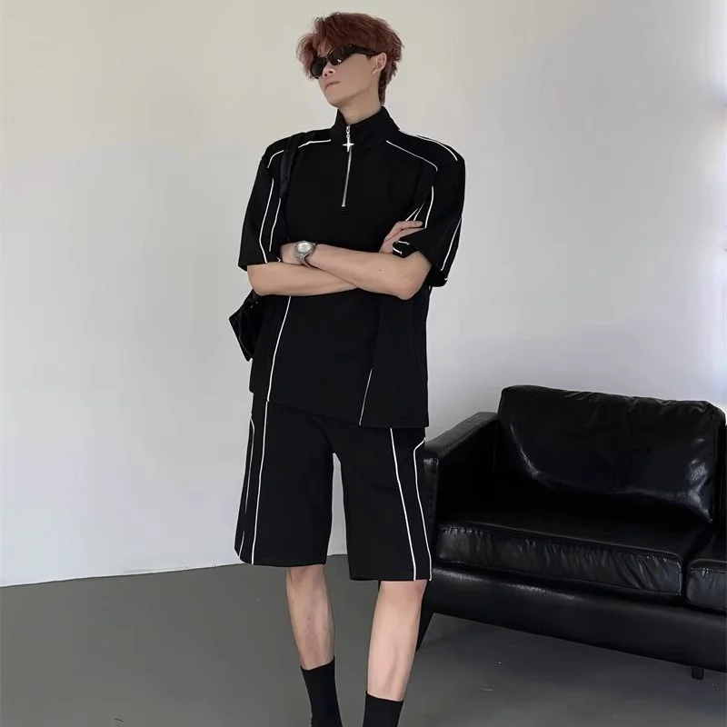 

Summer Cool Tracksuits Flow Half Zipper Short Sleeve Shirt Two Piece Set Men's Striped Temperament Loose Sports Shorts