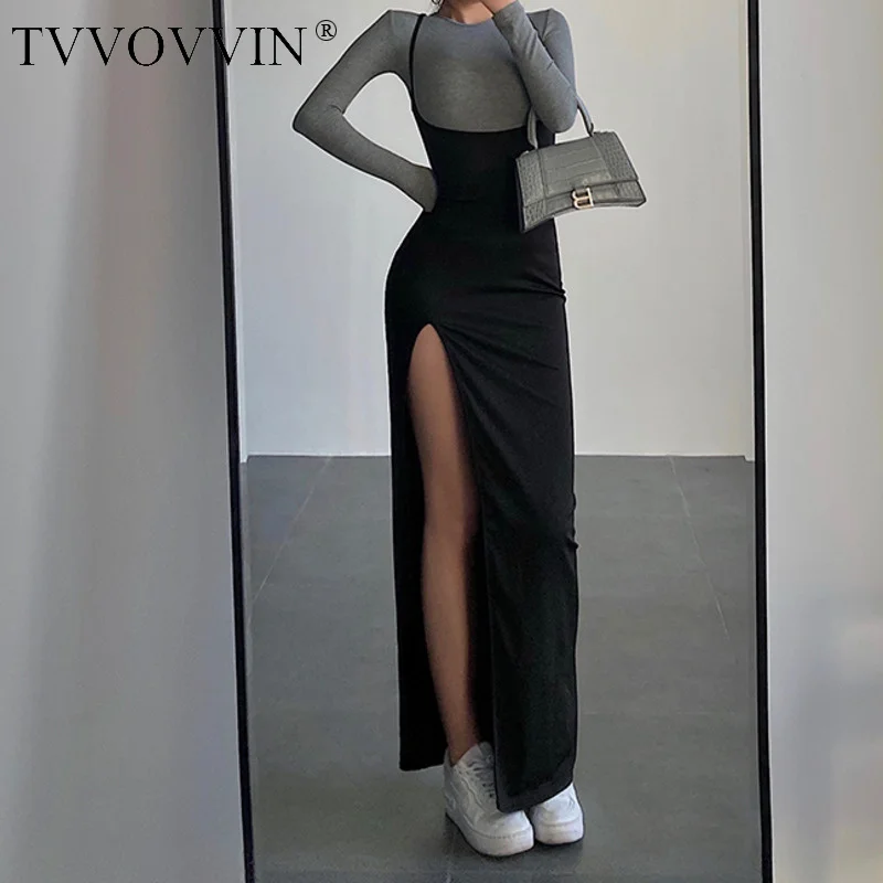 TVVOVVIN European Fashion Trend Low Collar Suspender Dress Women Sexy Backless Side High Split Party Black Dresses 4PLN