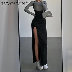 TVVOVVIN European Fashion Trend Low Collar Suspender Dress Women Sexy Backless Side High Split Party Black Dresses 4PLN