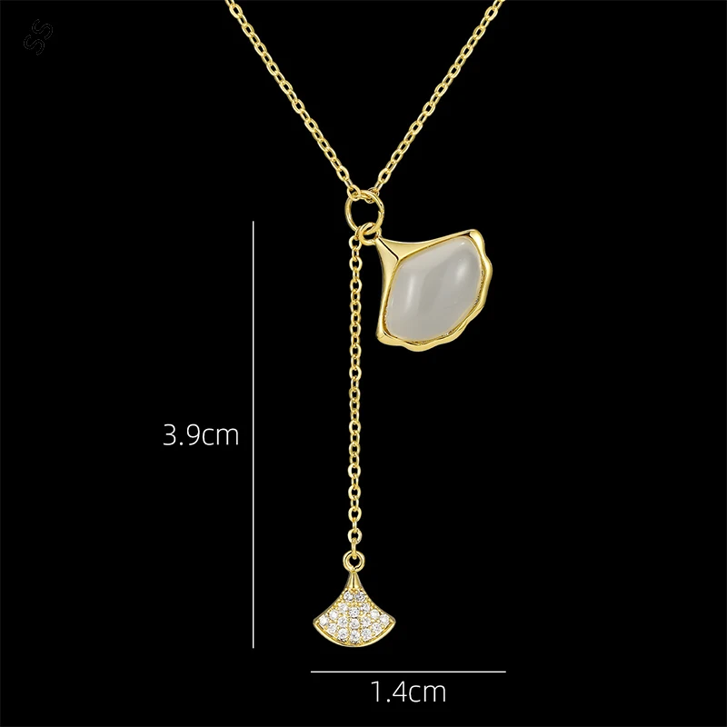 

New White Chalcedony Fan Pendant Copper Inlaid Zircon Necklace for Women Fashion Flower Ginkgo Leaf Sweater Clavicle Chain