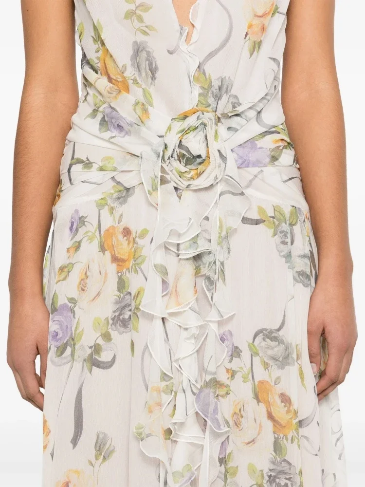 Gaun Panjang Kerut Cetak Leher V Dalam Halter Seksi Gaun Berenda Terbungkus Bunga Punggung Terbuka Tanpa Lengan Wanita Gaun Pesta Malam