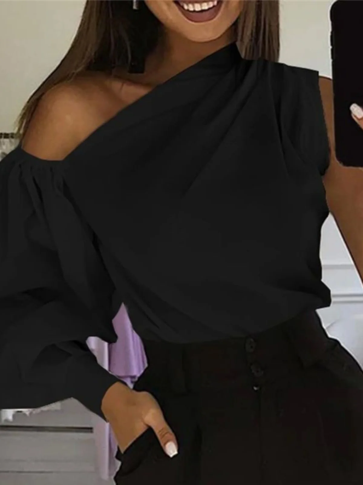 

Slim Fit Color Women's irt Street Sle round Ne Long Sve Casual Top for Young Women in Their Late Twenties