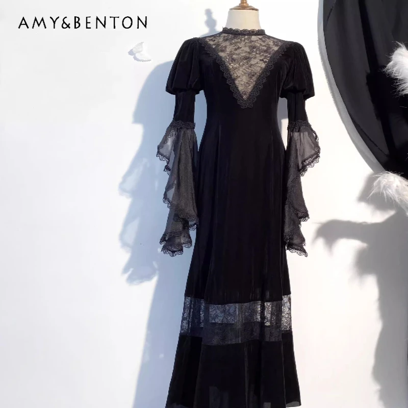 

Gothic Dark Original Lolita Women's Mermaid Dress Autumn New Design Sweet Cool Sexy Long Sleeve Lace Hollow Out Dresses Ladies