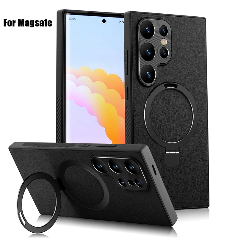 

Новинка, магнитный металлический чехол Magsafe с кольцом, кожаный ударопрочный чехол для телефона Samsung S24 Ultra S22 S23 Ultra Plus, чехол-бампер