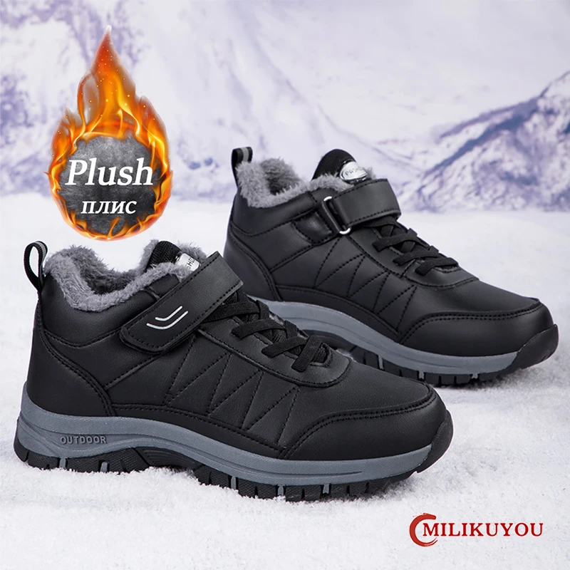 Brand Men Boots Waterproof Leather Boots Winter Male Plush Warm Sneakers Women Outdoor Non-slip Ankle Snow Boots Big Size 35-48