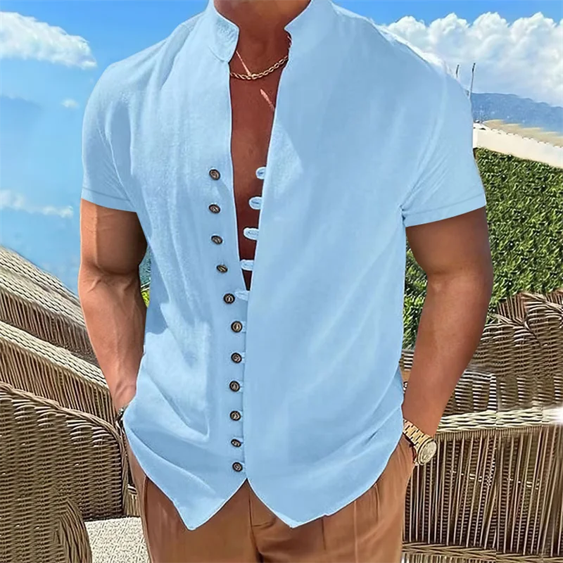 Men's summer short-sleeved shirt beach stand-up collar casual cotton and linen shirt daily vacation wear pink white black blue
