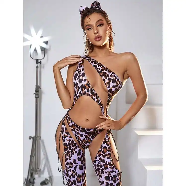 Wholesale Women\'s Sexy Hollow Out Cosplay Costumes Lady Stylish Erotic Leopard Lingerie Bodysuit Night Club Outfit