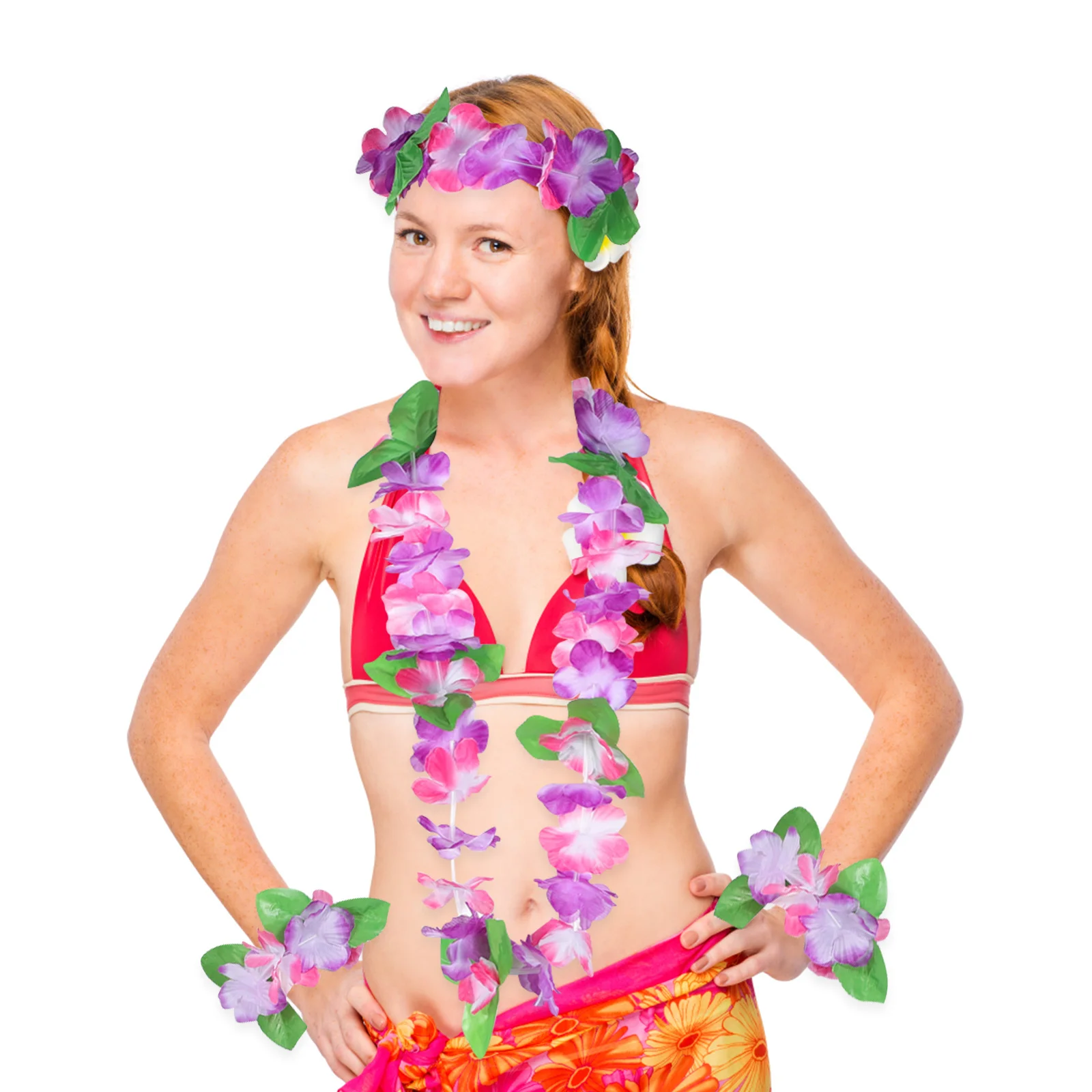 

4Sets Flower Headband Handmade Cloth Hair Wreath Set for Girls with Matching Necklace and Wristband Bright Hawaii Party Wedding