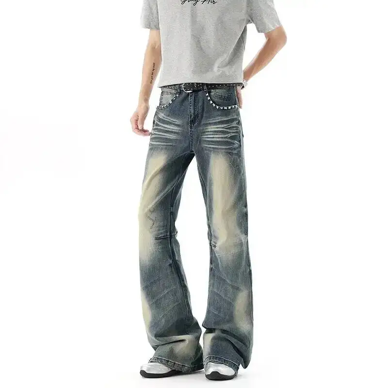 Rivet Spliced Stretch Straight Flare Denim Pants For Men Heavy Vintage Washed Jeans Casual Street Long Trousers WYP7