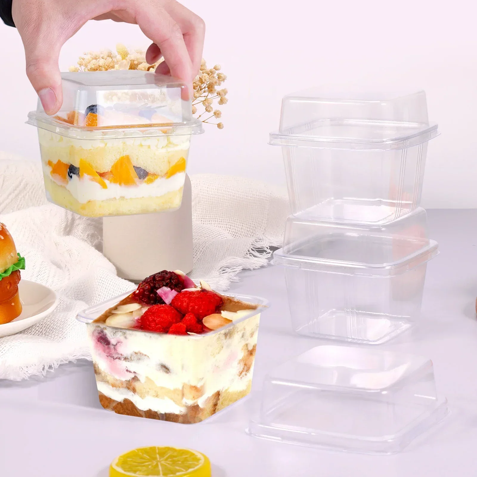 

100Pcs Disposable Dessert Cups with Lids 8oz Reusable Cupcake Container Clear Square Single Dessert Box Sealed Cake Storage Box