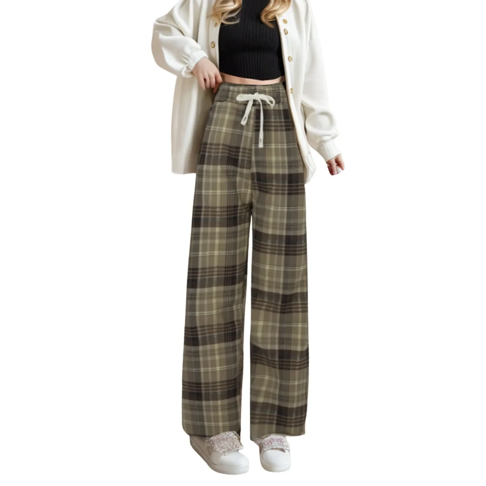 Winter Warm Plaid Pants For Women High Waist Fleece Trousers Ladies Loose Casual Red Straight Velvet Pants Women Winter Clothing