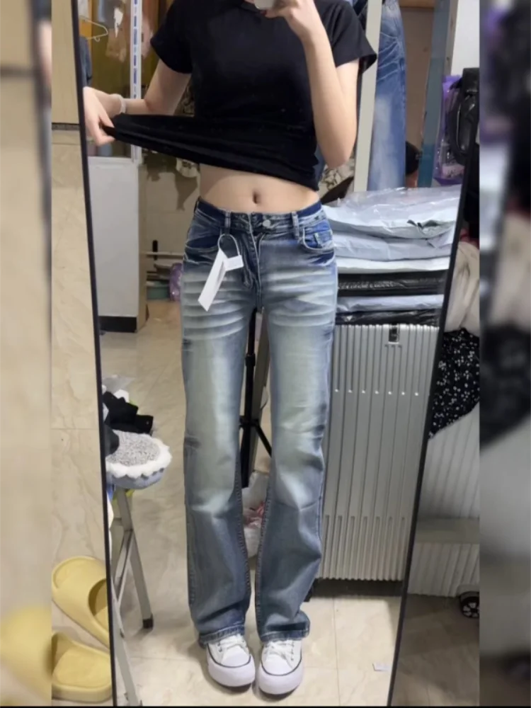 

Low Waist Bell Bot Denim Jeans Women's Retro Design Versatile Slim Fit Straight Leg Pants Casual American Sle