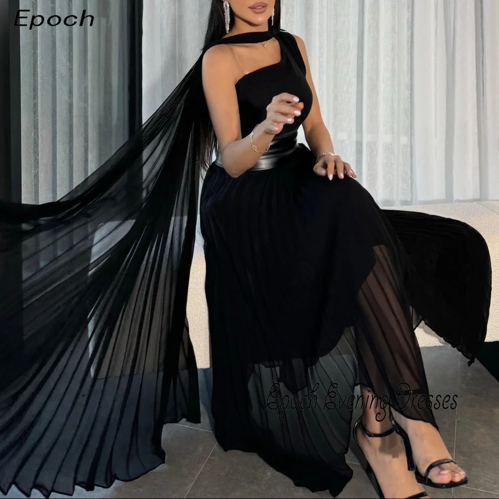 Epoch Chiffon Avondjurk فساتين سهره سعوديه A-Lijn Elegante Plooi Zwarte Cocktail Prom-Jurk Met Lange Sjaal Sexy Vrouwen 2024