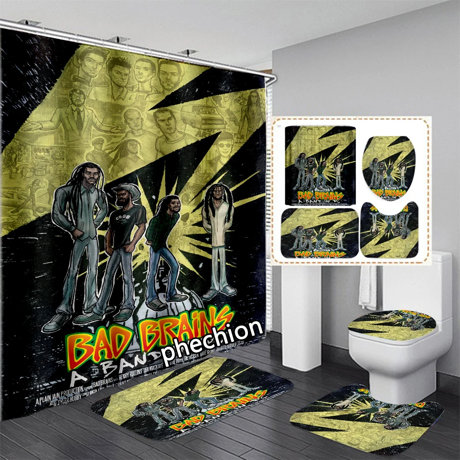 phechion Bad Brains 3D Print Shower Curtain Waterproof Bathroom Curtain Anti-slip Bath Mat Set Toilet Rugs VR333