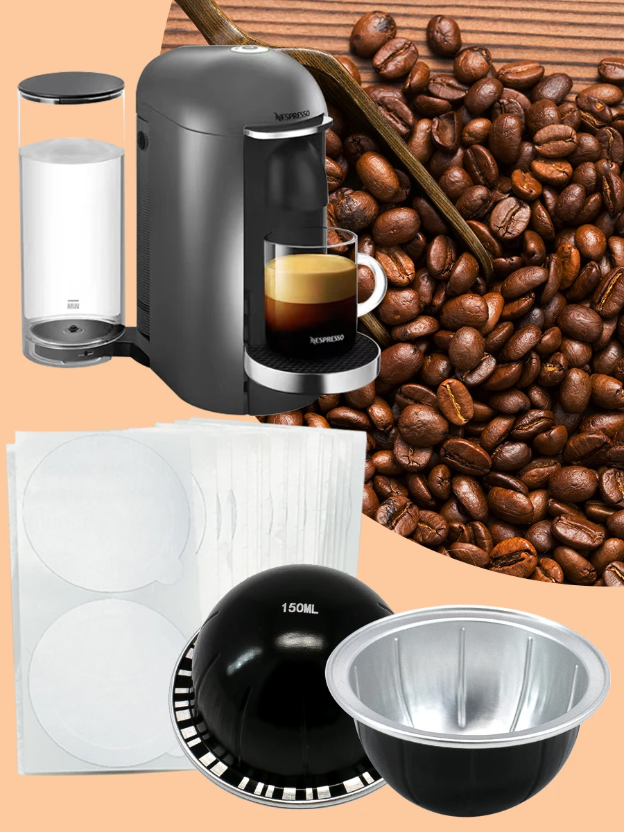 Wiederverwendbare Kaffeekapsel-Schalen für Kapselkaffemaschinen der Vertuo Plus Pop Next Env135 Env150 Line - Hoher Fettgehalt, Hausgemachte Filtertassen, Wiederverwendbar (5 Filter-Schalen + 30 selbstklebende Aluminiu – Detail 1