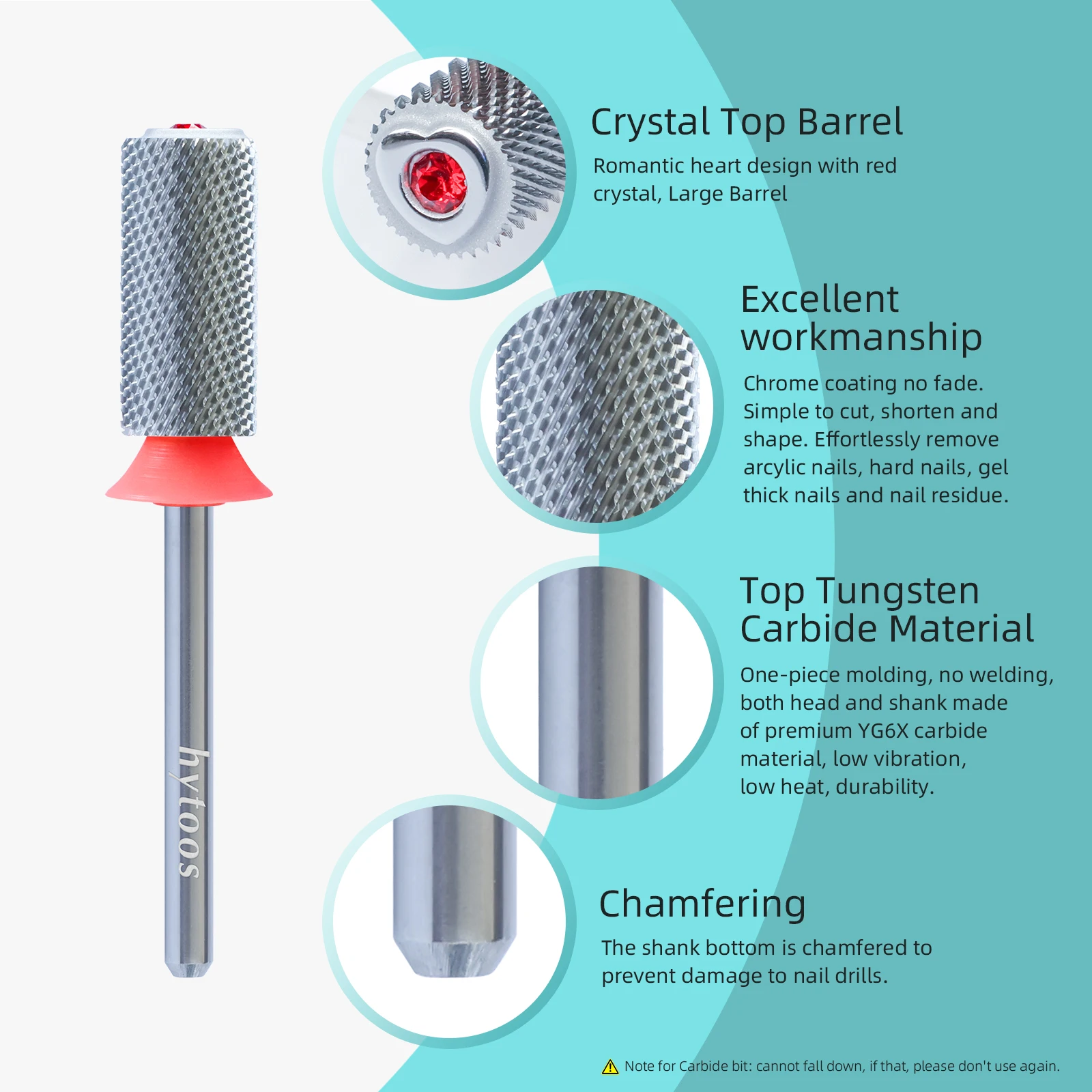 HYTOOS Fine Tungsten Carbide Acrylic Nail Drill Bits Chrome 6.6mm Crystal Top Barrel Nail Bit 2 Way Manicure efile Remove Gel