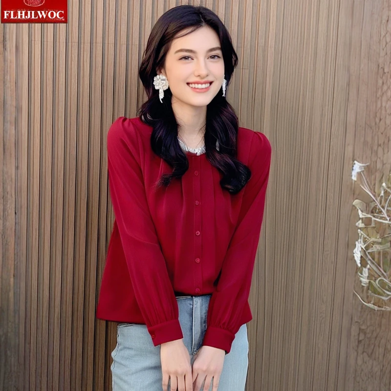 

New Year Christmas Red Tops Blouses Woman Autumn Long Sleeve Elegant Office Lady Retro Vintage White Lace Collar Basics Shirts